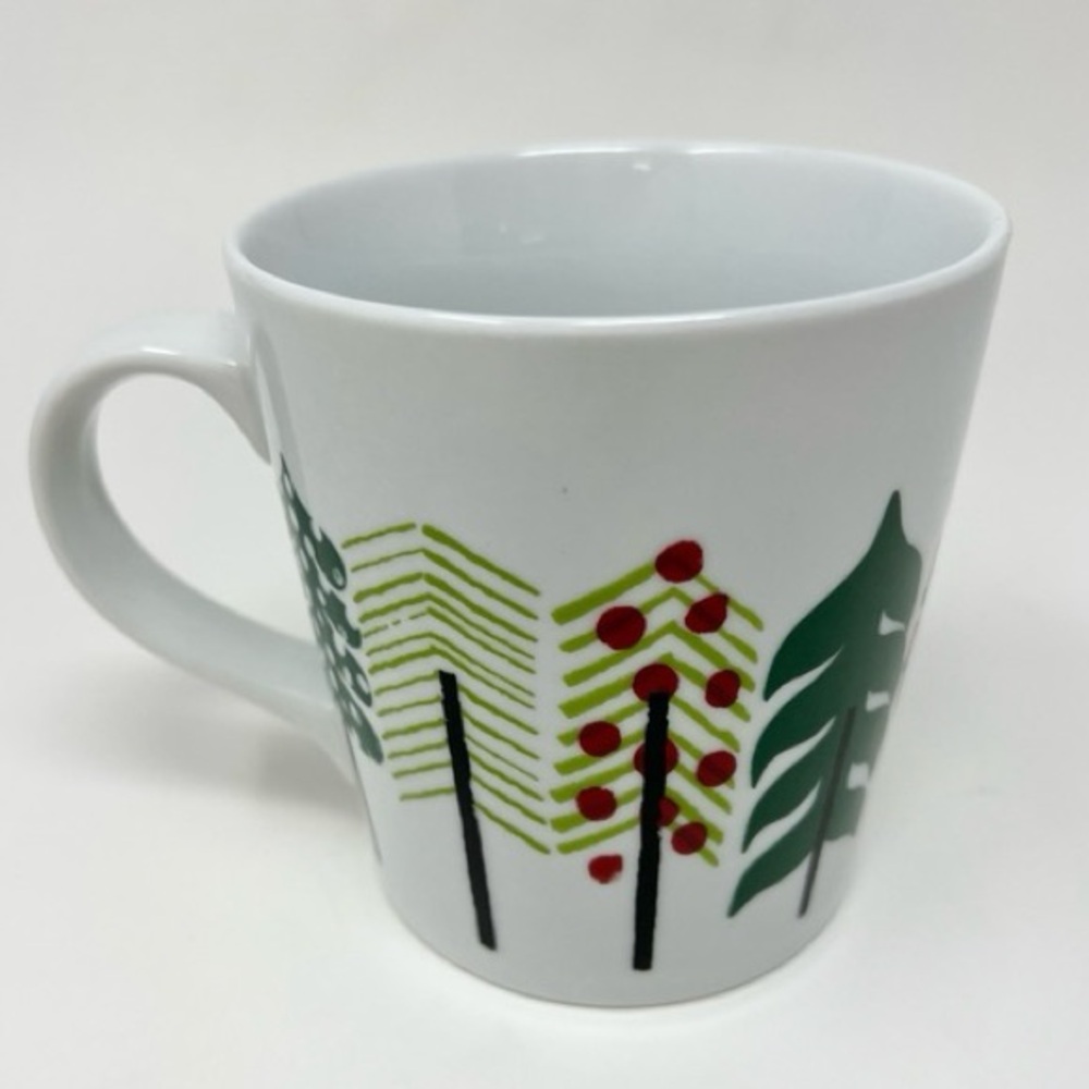 CRATE AND BARREL Holiday Jenny Bowers CHRISTMAS TREES MUG Evergreens 2014